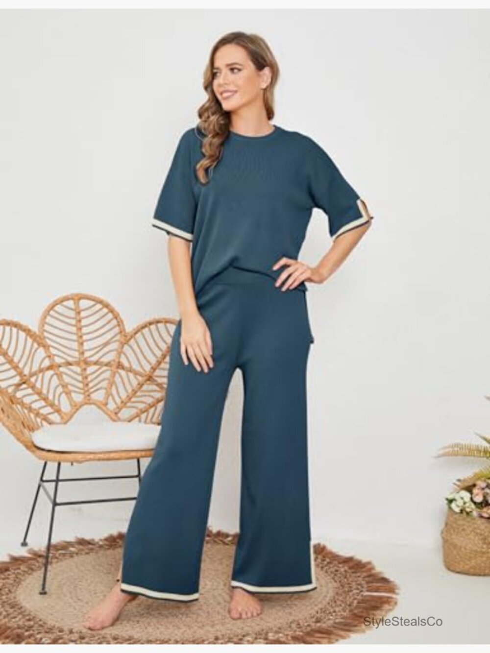 2 Piece Lounge Set Short Sleeve Knit Pullover Top & Wide Leg Pants - Picture 4 of 7